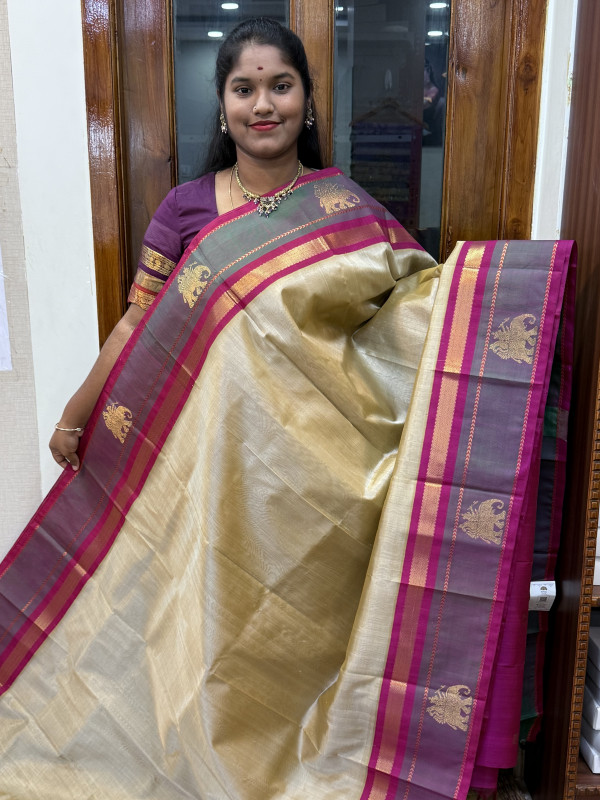 Silk Cotton Korvai Border Buttas Beige And Magentha(SCBKBB59)