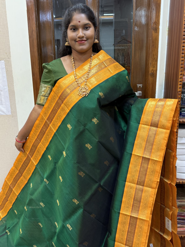 Silk Cotton Korvai Buttas Trible Tone Border Green And Yellow(SCKTTB20)