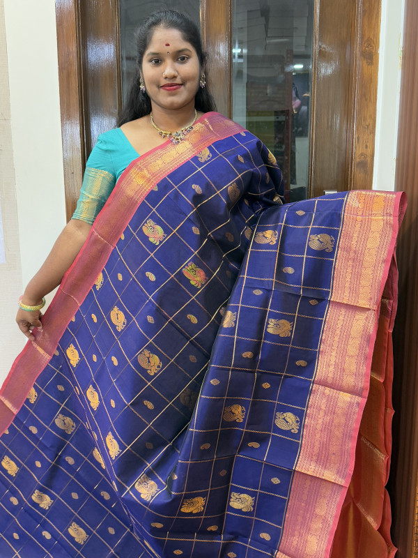 Silk Cotton Body Zari Checked Buttas Navy Blue And Sunset Orange(SCBZCB40)