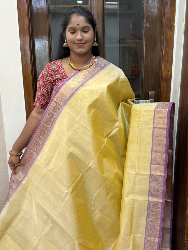 Silk Cotton Big Border Plain Golden Beige And Purple(SCBBP75)