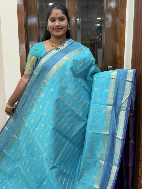 Silk Cotton Checked Buttas Dual Shaded Teal And Violet(SCRBPV94)