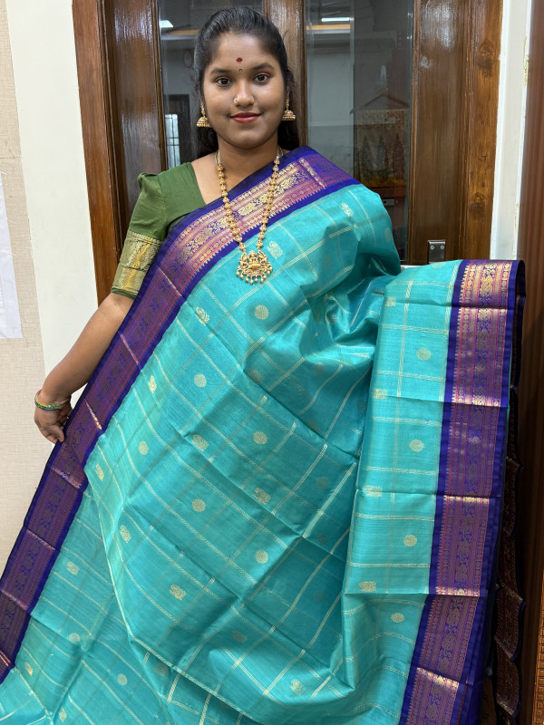 Silk Cotton Korvai Checked Turquoise Blue And Violet(SCKCBS68)