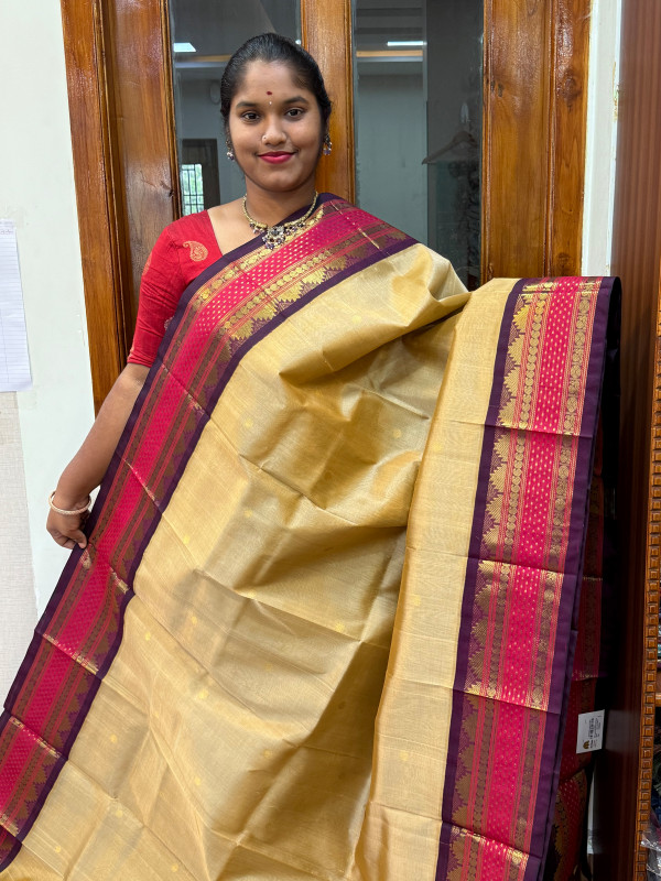 Silk Cotton Korvai Buttas Special Border Golden Beige and Wine (SCKBSB09)