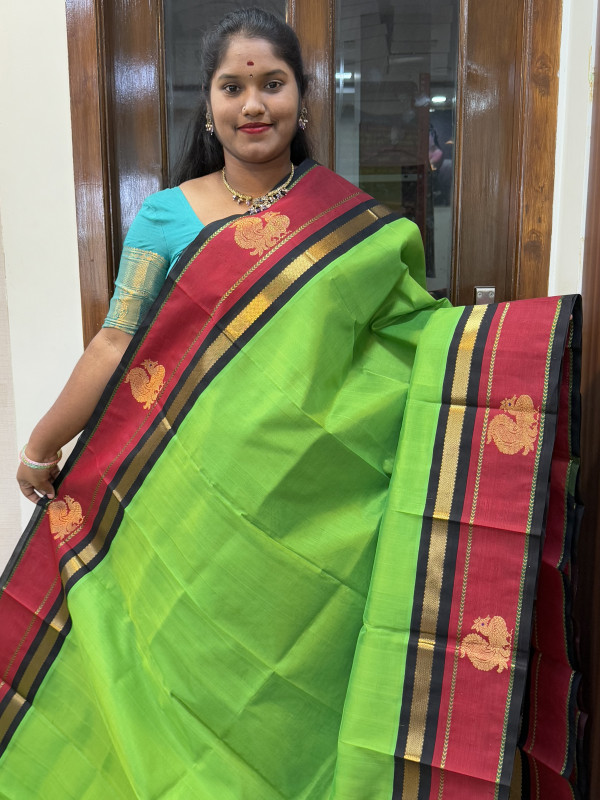 Silk Cotton Korvai Border Buttas Parrot Green And Black(SCBKBB35)