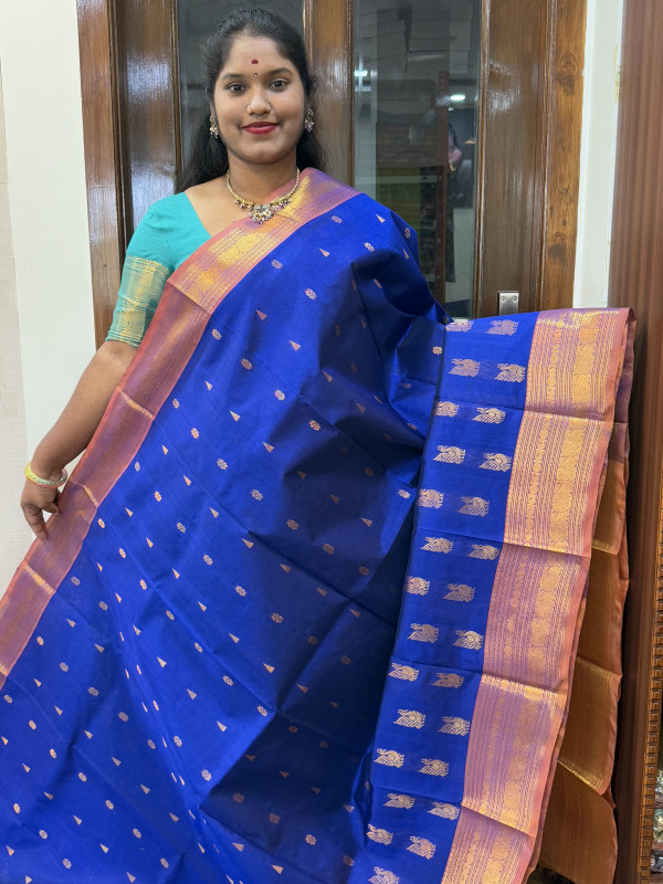 Silk Cotton Body Zari Buttas Royal Blue And Peach(SCBZCB44)