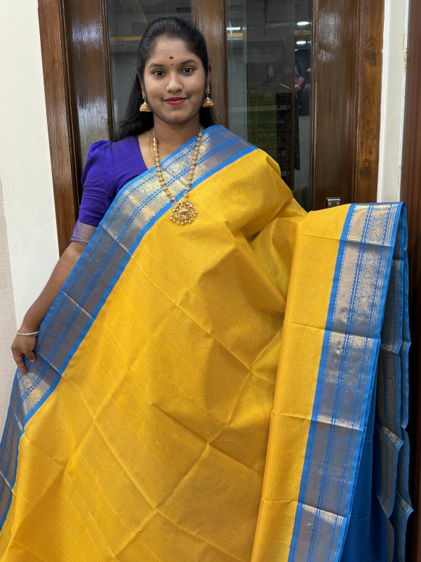 Silk Cotton Korvai Thread Checked Yellow And CS Blue(SCKTC29)