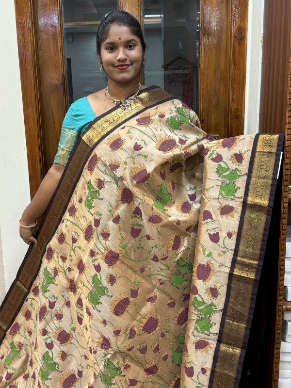 Silk Cotton Korvai Kalamkari Print Beige And Dark Brown (SCKKP158)