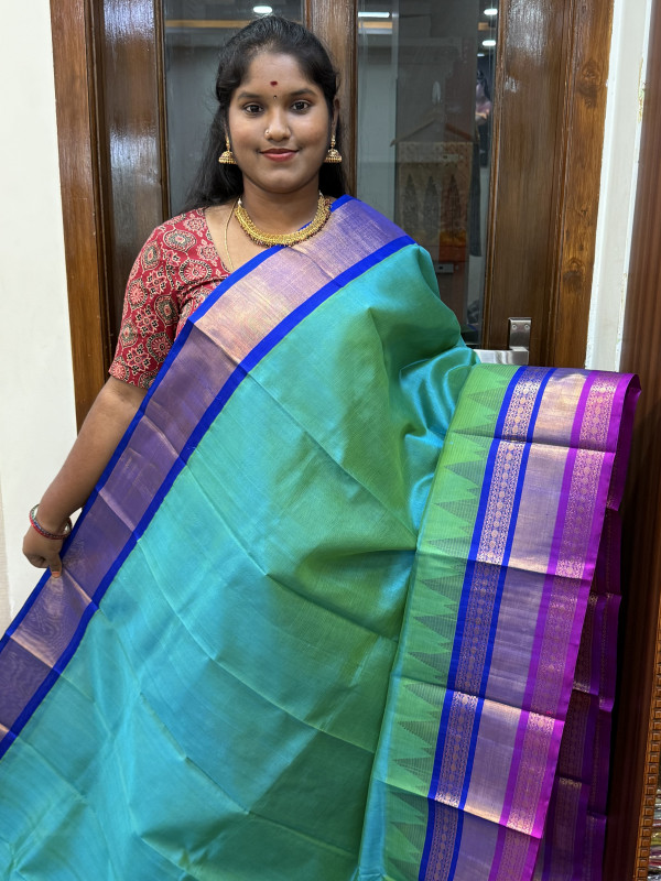 Silk Cotton Kuppadam Double Tone Temple Border Dual Shaded Teal And Royal Blue And Magentha(SCKDTTB8)