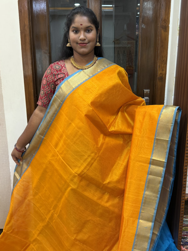 Silk Cotton Big Border Plain Mango Yellow And CS Blue(SCBBP79)