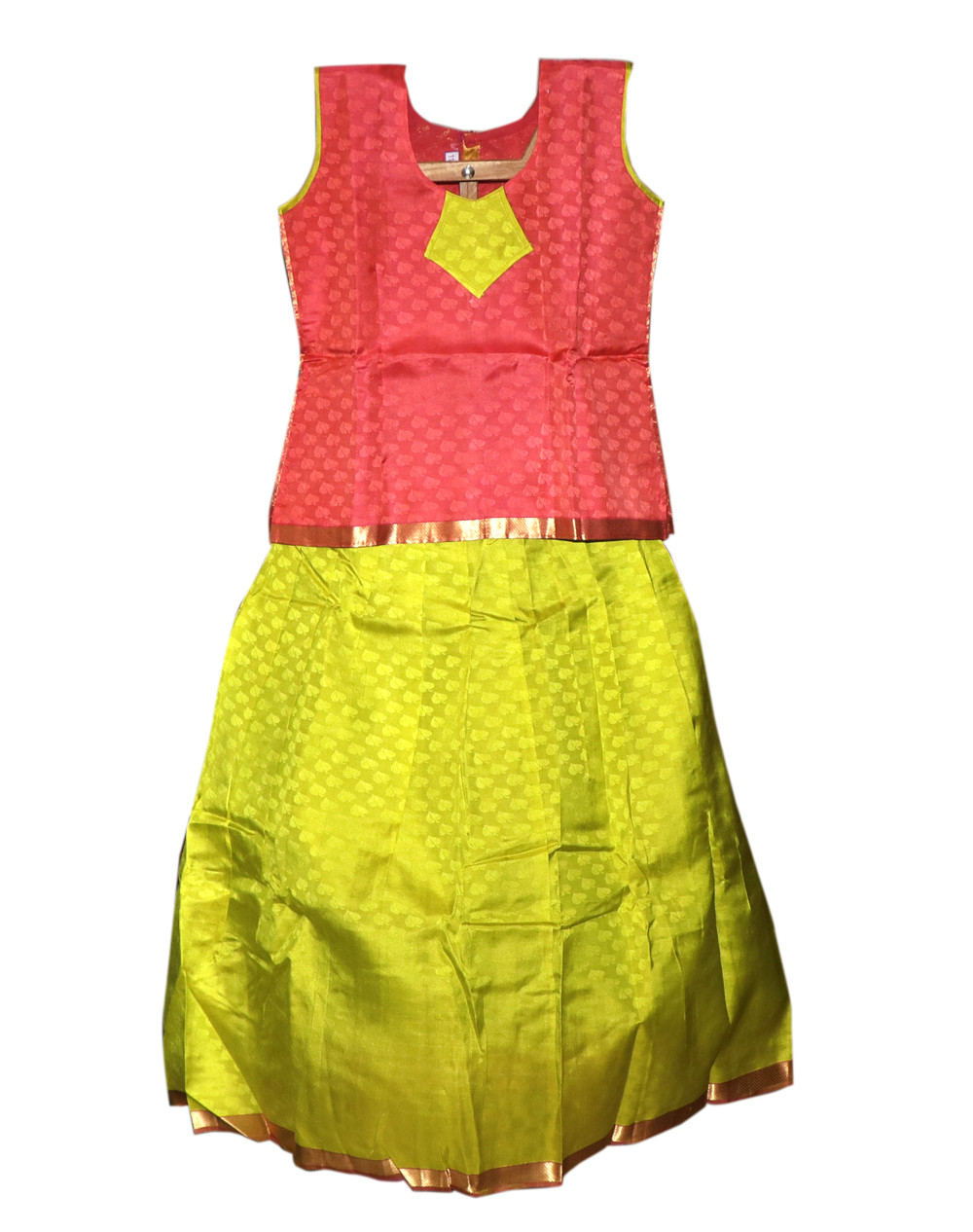 11"Yr"_Kids Pavadai Set Kanchipuram Silk Peach Orange And Parrot Green(KS11KP1)