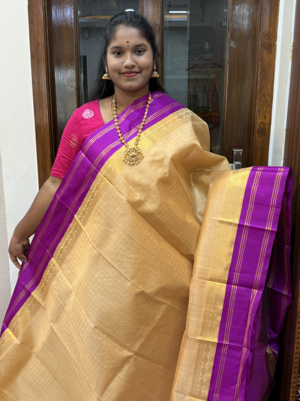 Silk Cotton Kuppadam Border Zari Checked Beige And Purple(SCKBZC83)