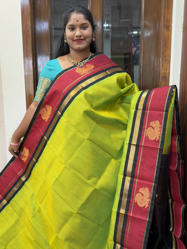 Silk Cotton Korvai Border Buttas Parrot Green And Black(SCBKBB42)