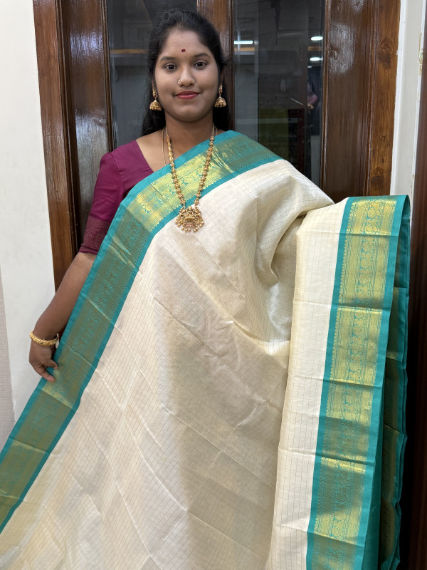 Silk Cotton Korvai Zari Checked Off White And Teal Green(SCKZC67)