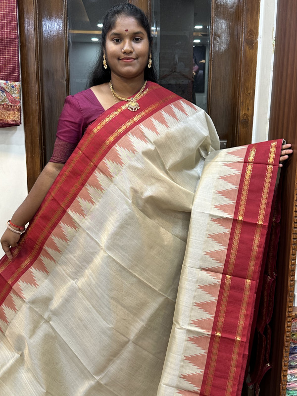 Silk Cotton Korvai Rettapet Temple Border Off White And Kumgumam(SCKRTB15)