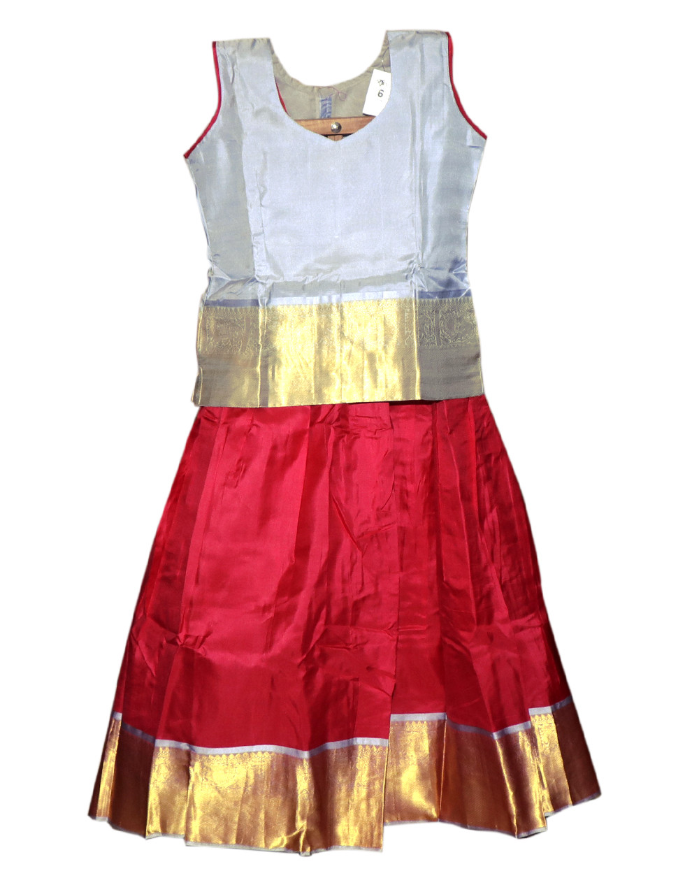 9"Yr"_Kids Pavadai Set Kanchipuram Silk Silver Grey And Reddish Pink(KS9KP6)