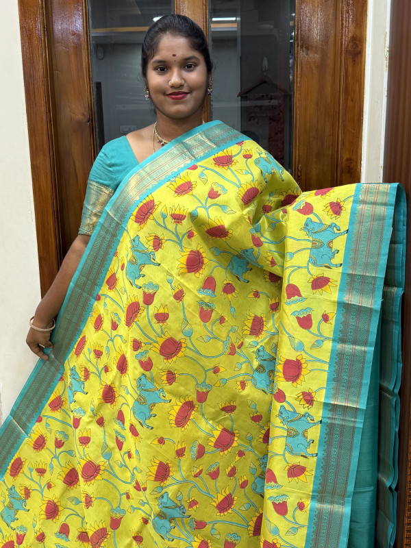 Silk Cotton Korvai Kalamkari Print Lemon Yellow And Teal (SCKKP156)