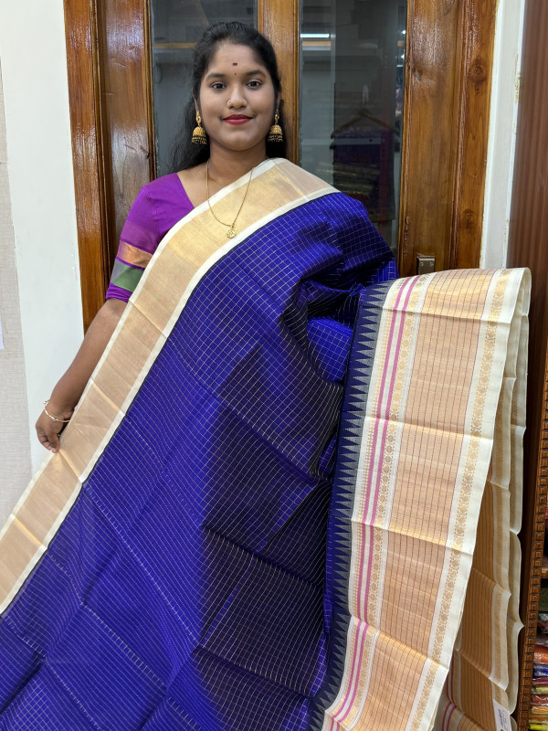 Silk Cotton Kuppadam Checked Temple Border Violet And Off White(SCKCTB58)