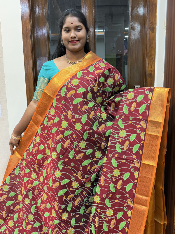 Silk Cotton Kalamkari Print Maroon And Mustard Yellow(SCPKS15)