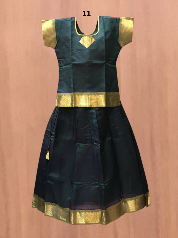 11"Yr"_Kids Pavadai Set Silk Cotton Bottle Green And Sampangi(SC11KP3)