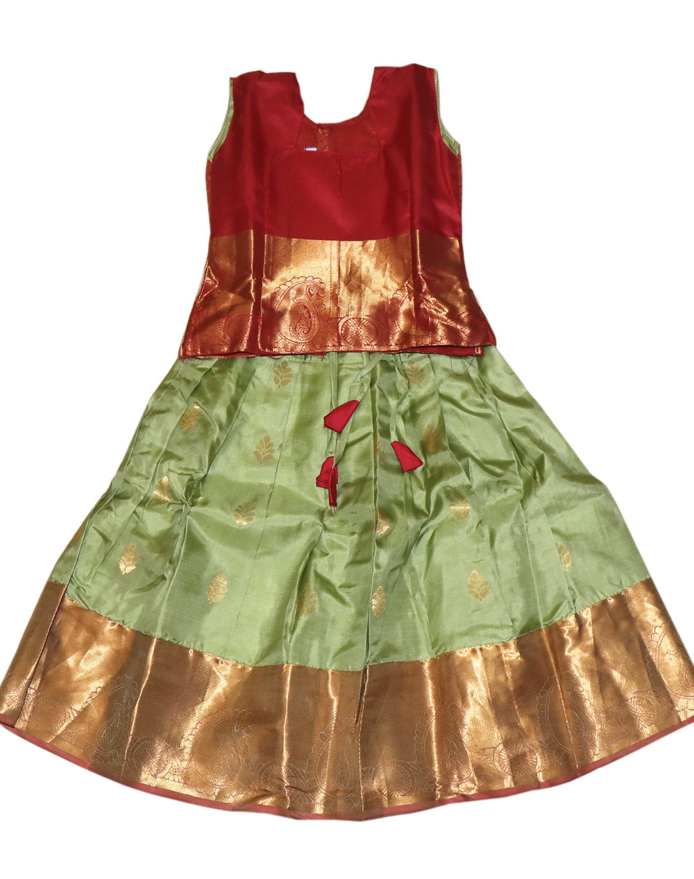 4"Yr"_Kids Pavadai Set Kanchipuram silk Red And pista Green(KS4KP3)