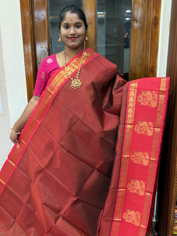 Silk Cotton Zari Checked Side Buttas Maroon And Red(SCZCSB19)