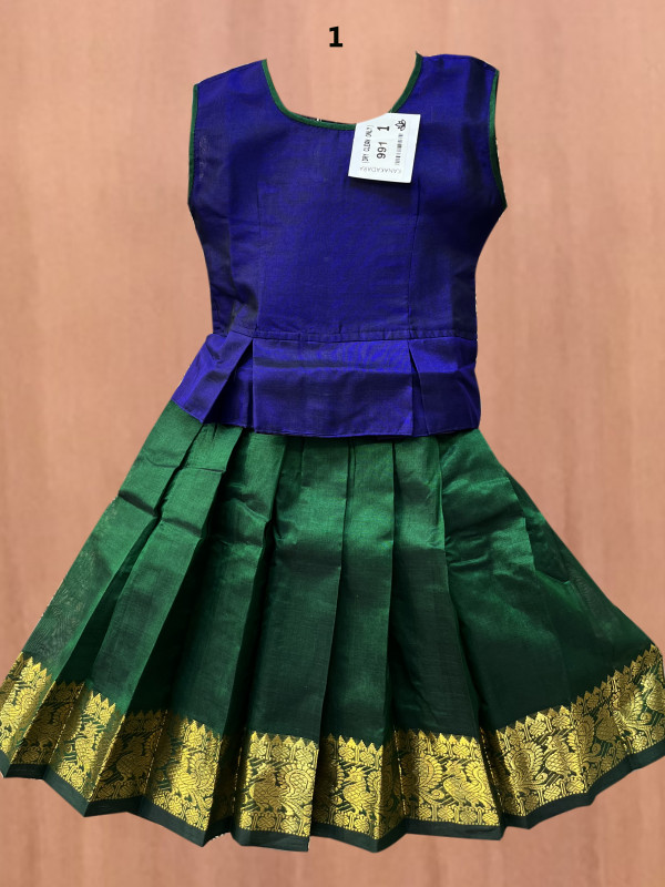 1 "Yr"_Kids Pavadai Set Silk Cotton Royal Blue And Green(SC1KP6)