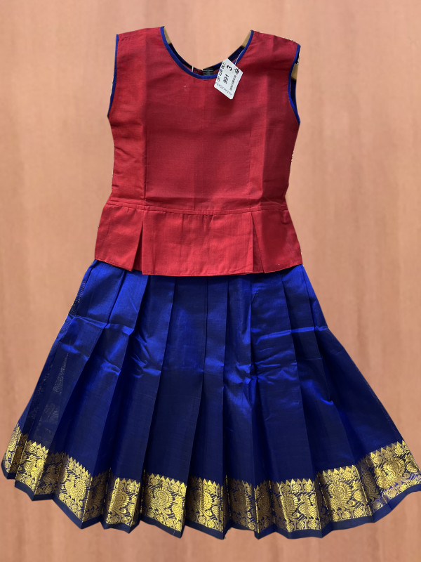 3"Yr"_Kids Pavadai Set Silk Cotton Red And Royal Blue(SC3KP7)