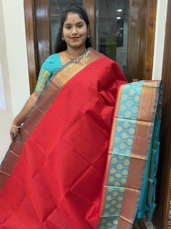 Silk Cotton Kuppadam Thousand Buttas L&S Border Red And Dual Shaded Teal(SCKTBS25)