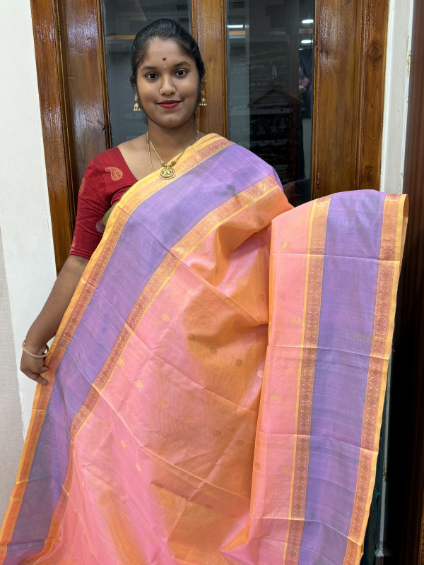 Silk Cotton Medium Body Buttas Peach And Teal(SCMBB95)