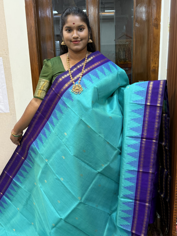 Silk Cotton Korvai Rettapet Thread Temple Border Turquoise Blue And Kathiri Poo(SCKRTTB43)