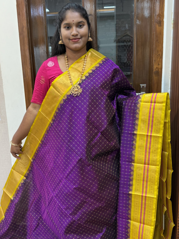 Silk Cotton Kuppadam Thread Checked Purple And Lime Yellow(SCKTPC10)