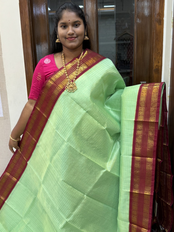 Silk Cotton Korvai Zari Checked Pastel Green And Maroon(SCKZC53)