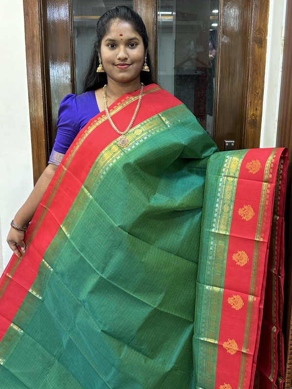 Silk Cotton Korvai Checked Side Buttas Dual Shaded Green And Red(SCKCSB39)