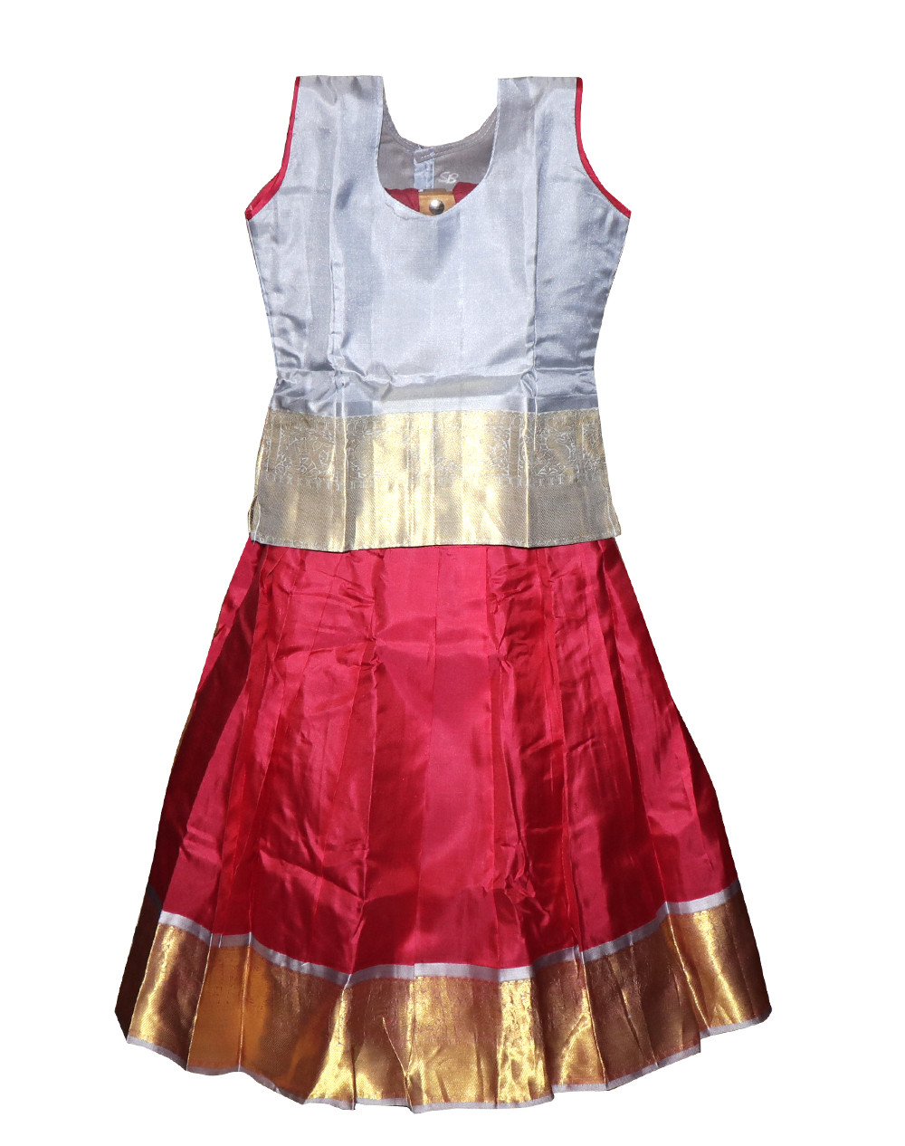 6"Yr"_Kids Pavadai Set Kanchipuram Silk Grey And Pinkish Red(KS6KP9)