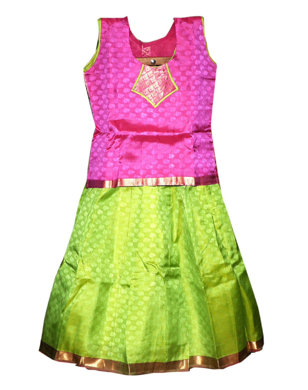 7"Yr"_Kids Pavadai Set Kanchipuram Silk Pink And Parrrot Green(KS7KP5)