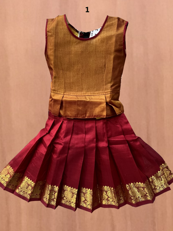 1 "Yr"_Kids Pavadai Set Silk Cotton Golden Yellow And Maroon(SC1KP2)