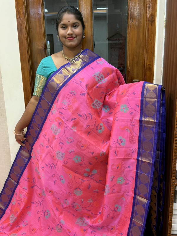 Silk Cotton Korvai Kalamkari Print Dual Shade Pink And Blue (SCKKP146)