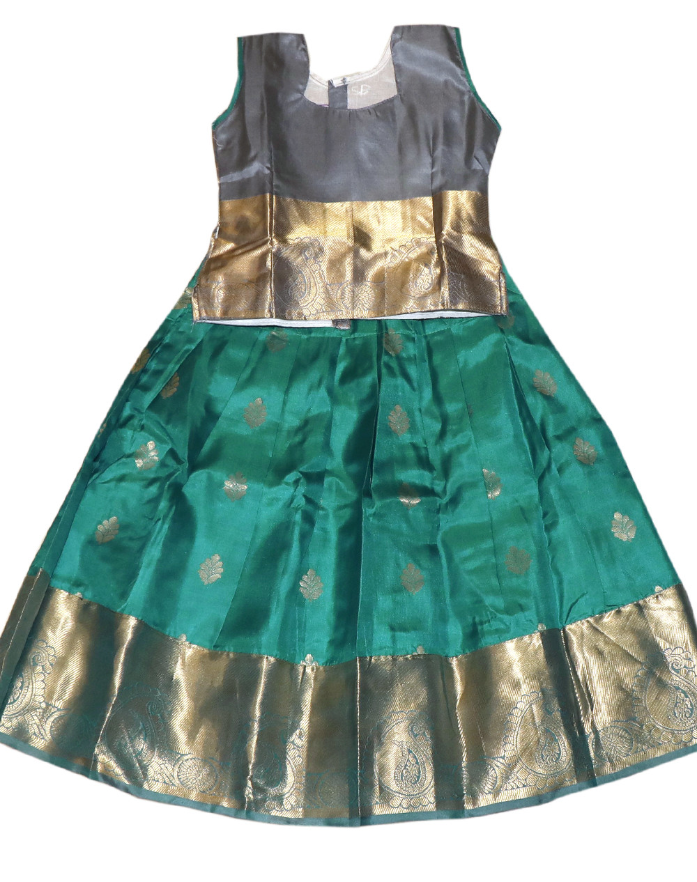 4"Yr"_Kids Pavadai Set Kanchipuram silk Grey And Rama Green(KS4KP1)