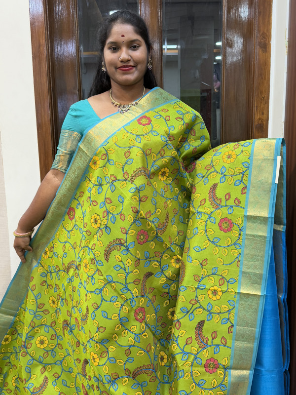 Silk Cotton Kalamkari Print Olive Green And CS Blue(SCPKS20)