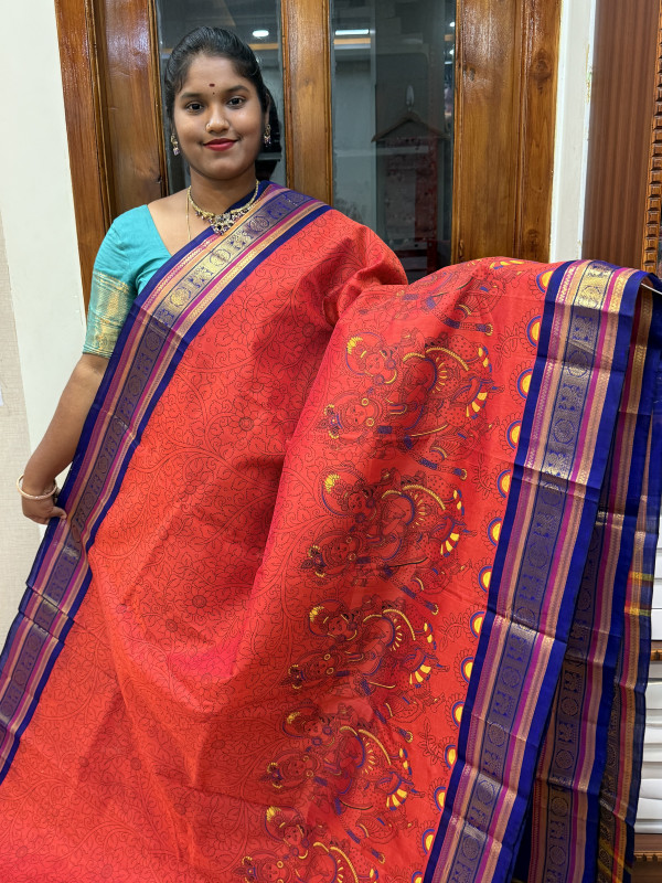 Silk Cotton Korvai Kalamkari Brick Orange And Royal Blue (SCKKP141)
