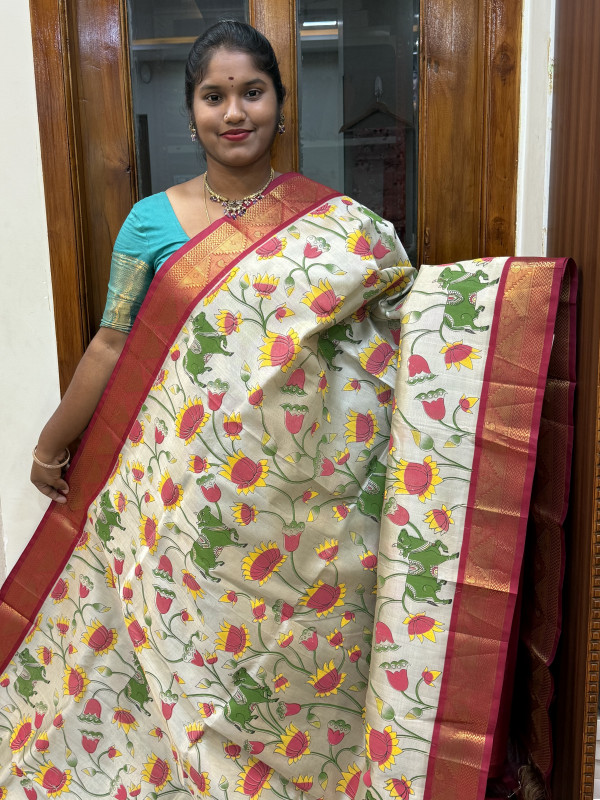 Silk Cotton Korvai Kalamkari Print Tussar And Maroon (SCKKP155)