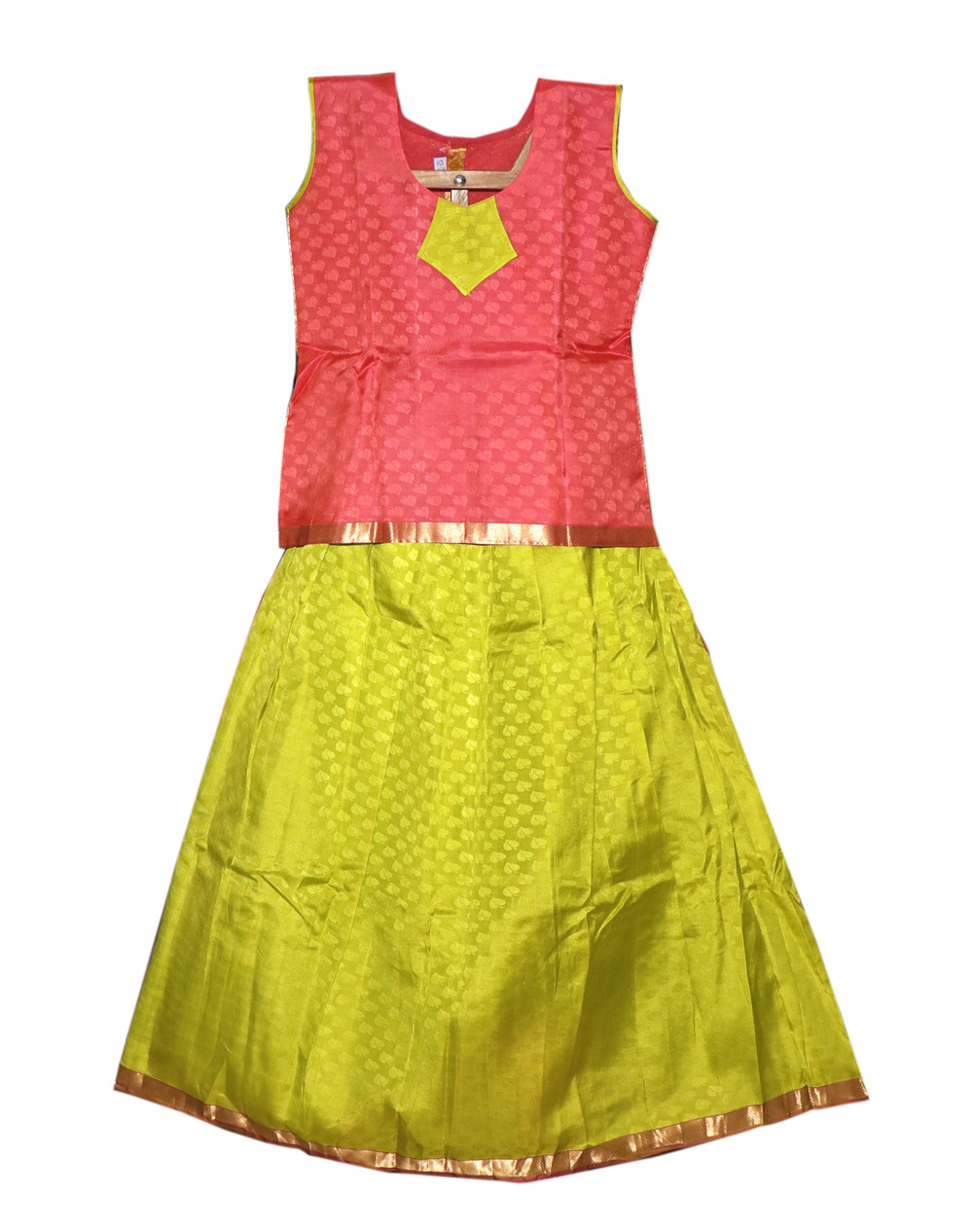 12"Yr"_Kids Pavadai Set Kanchipuram Silk Peach Orange And Parrot Green(KS12KP1)