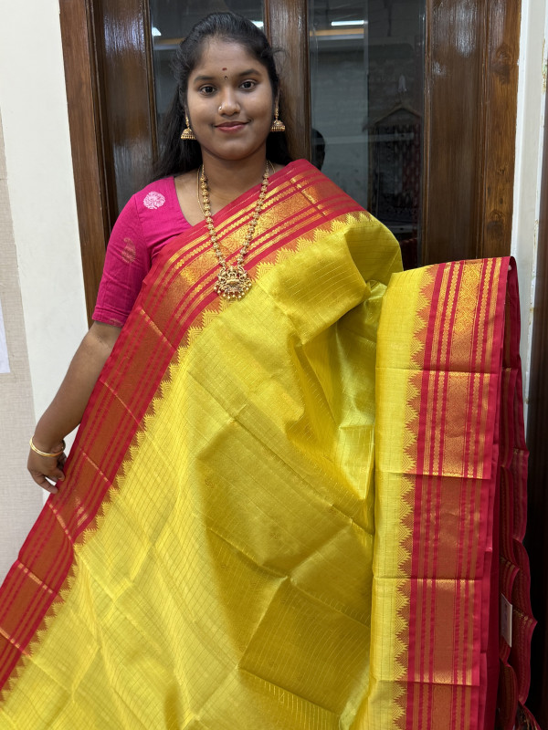 Silk Cotton Korvai kattam Buttas Temple Border Yellow And Red(SCKKBTB13)