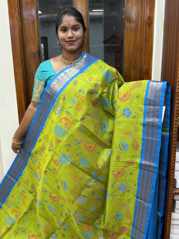 Silk Cotton Korvai Kalamkari Print Parrot Green And CS Blue(SCKKP161)