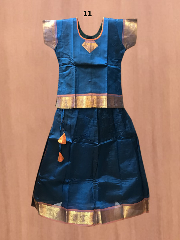 11"Yr"_Kids Pavadai Set Silk Cotton Peacock Blue And Dual Shaded Yellow(SC11KP2)