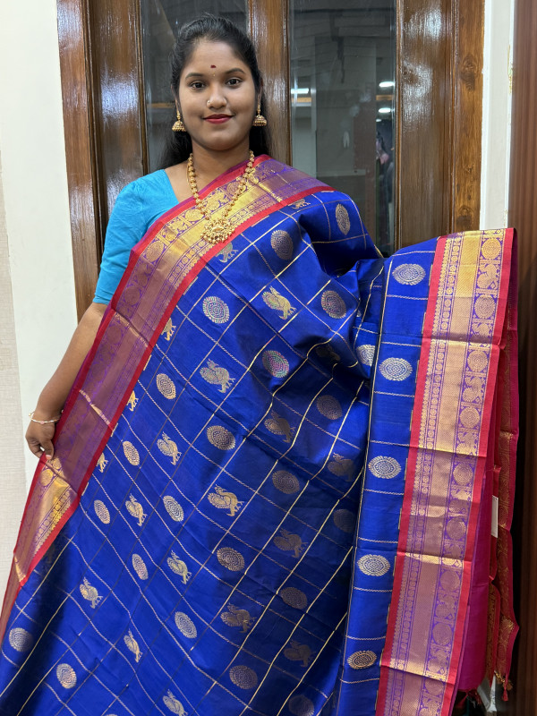 Silk Cotton Body Zari Checked Buttas Royal Blue And Dual Shaded Pink(SCBZCB17)