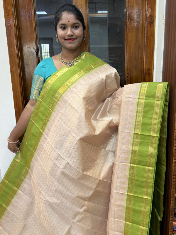 Silk Cotton Korvai Rettapet Border Zari Checked Buttas Beige And Parrot Green(SCKZCRB2)