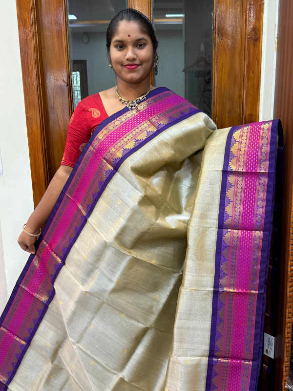 Silk Cotton Korvai Buttas Special Border Beige and Purple (SCKBSB06)