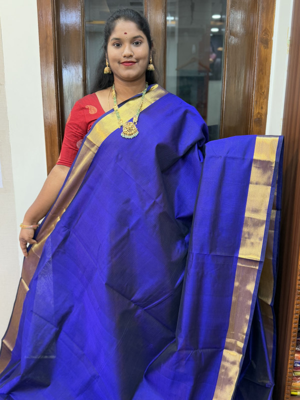 Silk Cotton Plain Kadi Border Self Colour Royal Blue(SCPKB12)