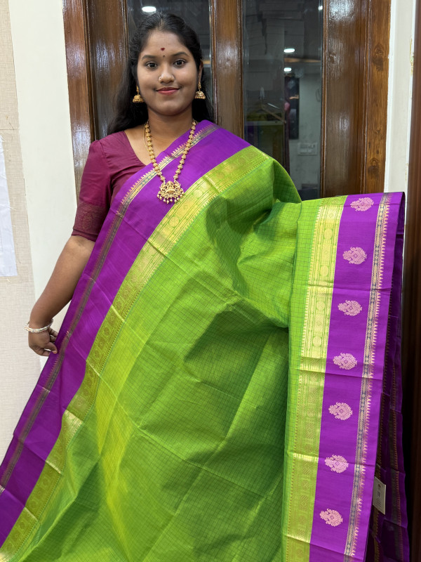 Silk Cotton Korvai Checked Side Buttas Parrot Green And Purple(SCKCSB57)